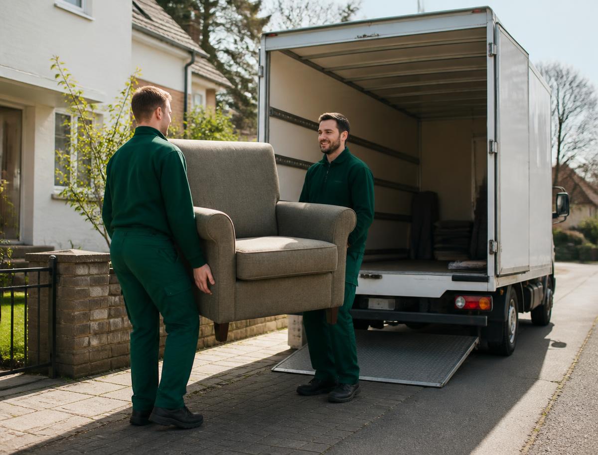 Zwei Mitarbeiter tragen einen Sessel in den Transporter